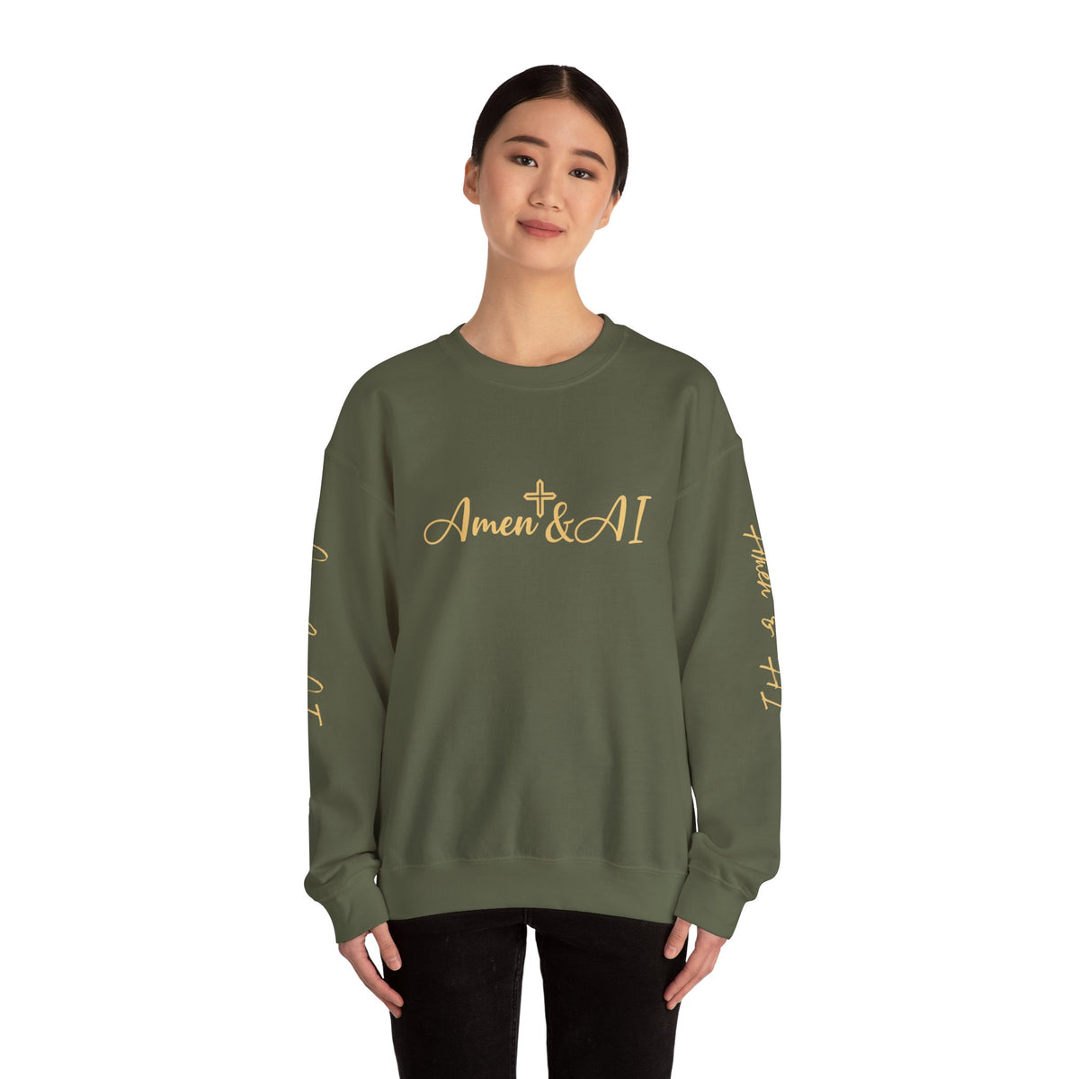 Christian AI Crewneck Sweatshirt - "Amen & AI" Gold Script, "Powered by Prayer, Driven by Data"