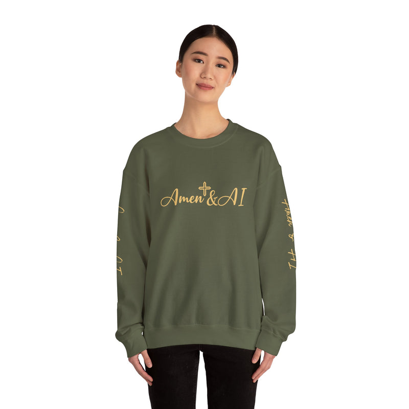 Christian AI Crewneck Sweatshirt - "Amen & AI" Gold Script, "Powered by Prayer, Driven by Data"