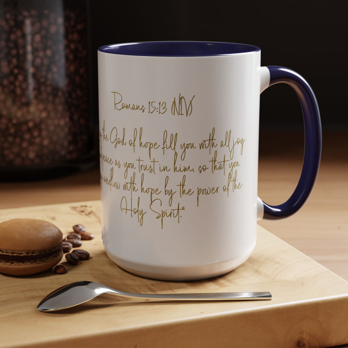 Christian Scripture Coffee Mug – Romans 15:13 Gold Calligraphy Accent Mug (11/15oz)