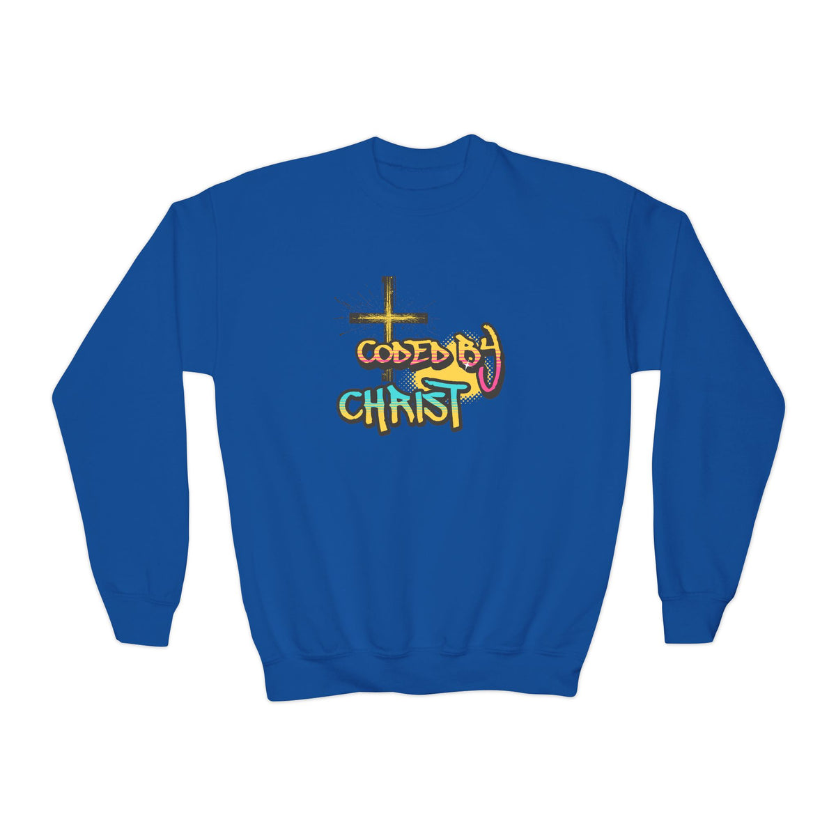 Youth Crewneck Sweatshirt - 'Coded by Christ' Colorful Faith Graphic