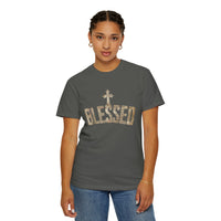 Blessed Cross T-Shirt — Christian Graphic Tee (Vintage Camouflage Lettering)