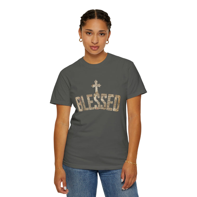 Blessed Cross T-Shirt — Christian Graphic Tee (Vintage Camouflage Lettering)