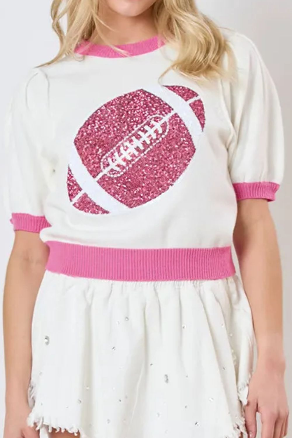 Sequin Football Round Neck Short Sleeve Top