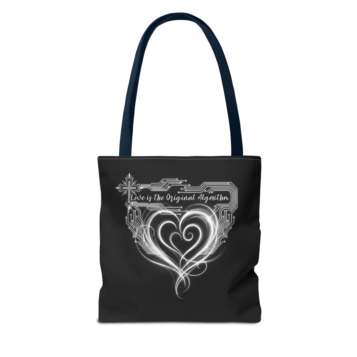 Black Heart Art Tote — "Love is the Original Algorithm" All-Over Print Tote Bag
