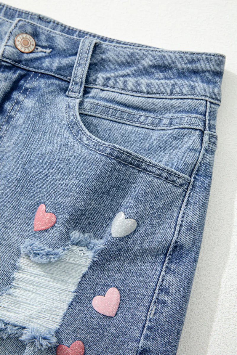 Distressed Raw Hem Heart Mini Denim Skirt