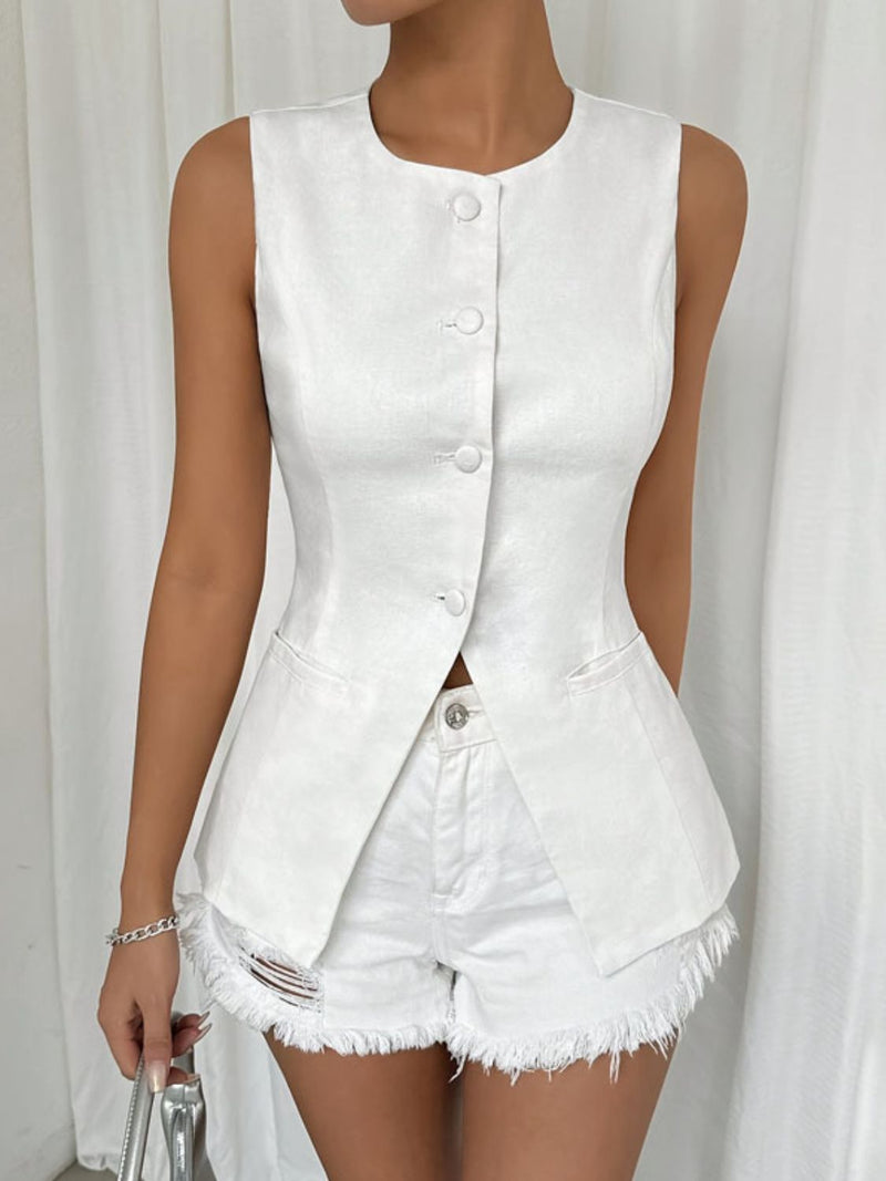 Button Down Round Neck Vest