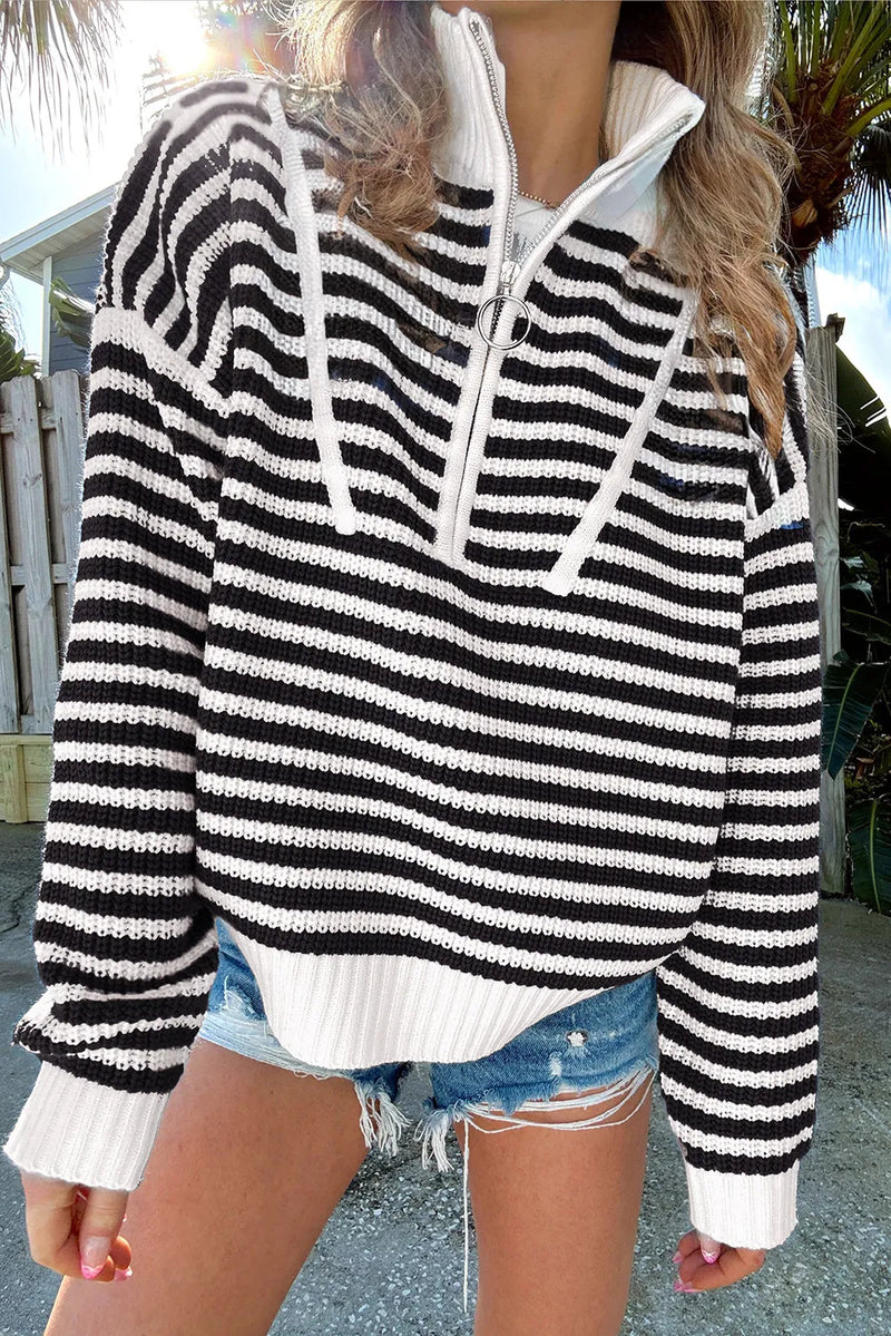 Striped Half Zip Long Sleeve Sweater