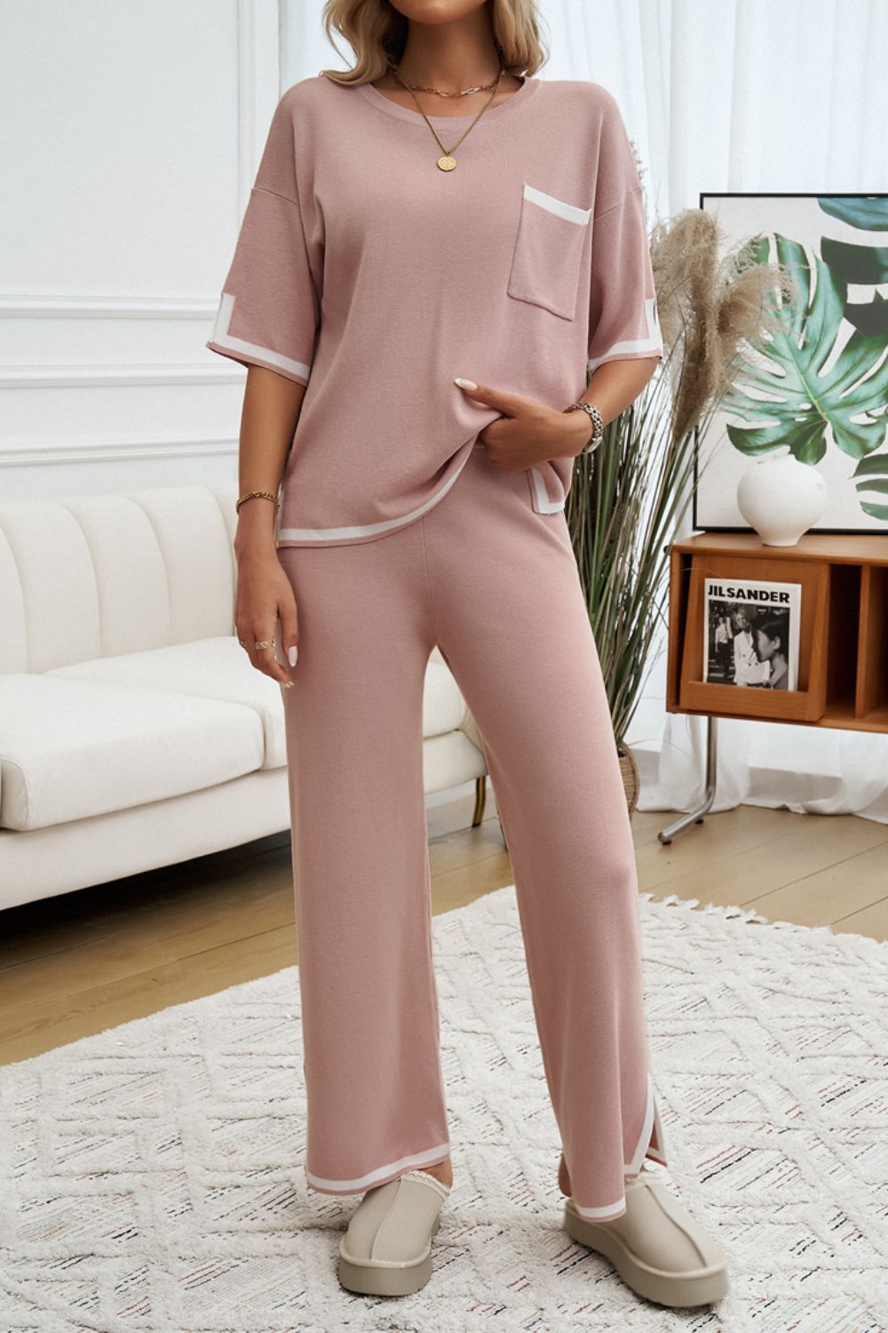 Contrast Trim Half Sleeve Top and Pants Set