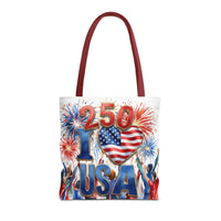 USA 250 Celebration Tote Bag — I Love USA Fireworks Patriotic Shopper