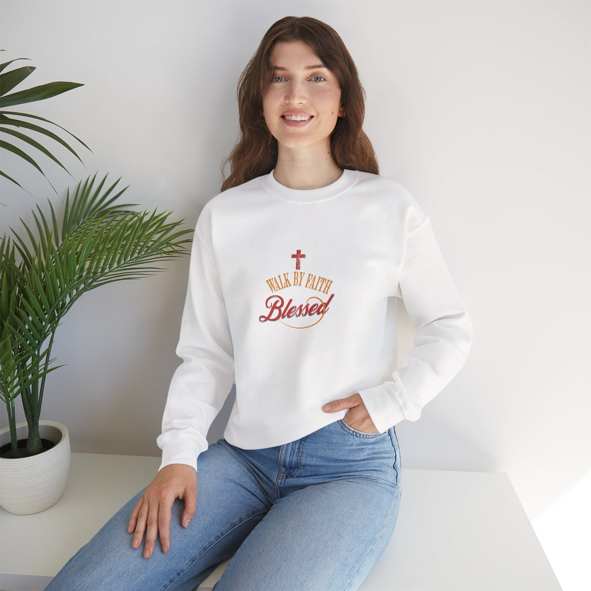 Unisex Christian Crewneck Sweatshirt — "Blessed" Faith Cross Graphic