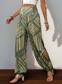 Smocked Slit Printed High Waist Pants