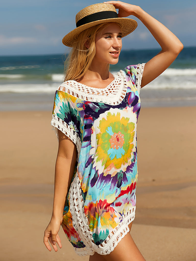 Openwork Printed Round Neck Cover Up