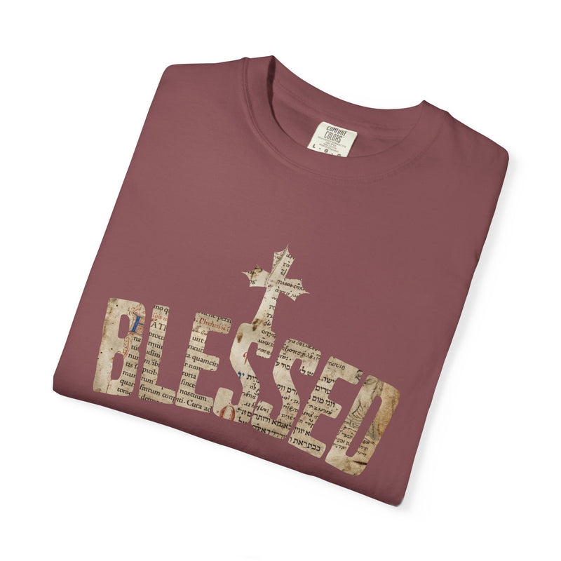 Blessed Cross T-Shirt — Christian Graphic Tee (Vintage Camouflage Lettering)
