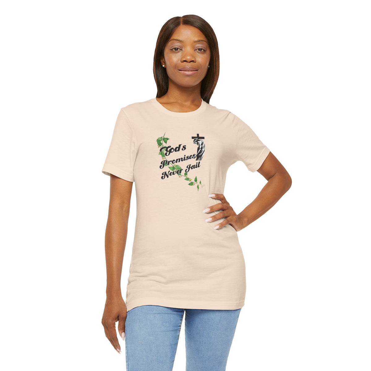 Faith T-Shirt — "God's Promises Never Fail" Christian Tee with Cross & Olive Branch Design