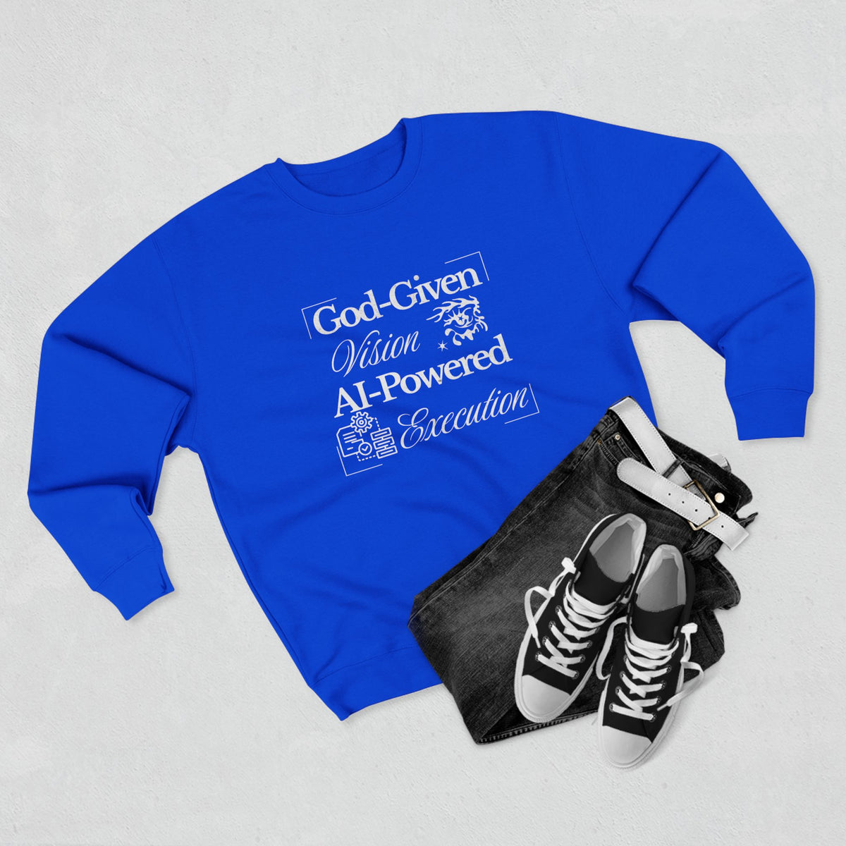 AI-Powered Execution Crewneck Sweatshirt — "God-Given Vision. AI-Powered Execution." Inspirational Graphic