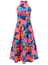 Ruched Printed Halter Neck Sleeveless Dress