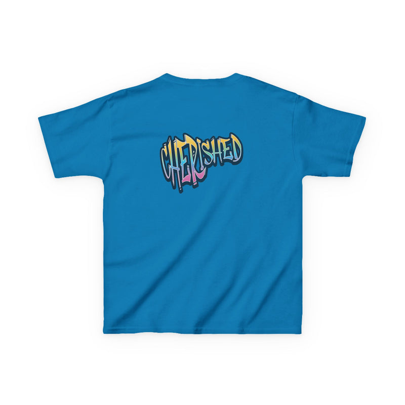 Kids 'Child of Light' Graphic Tee — Colorful Hand-Lettered 'Cherished' Back Design