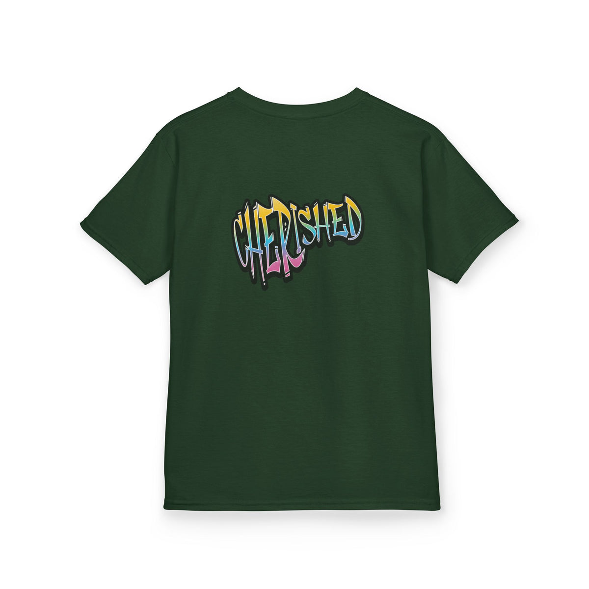 Kids 'Child of Light' Graphic Tee — Colorful Hand-Lettered 'Cherished' Back Design