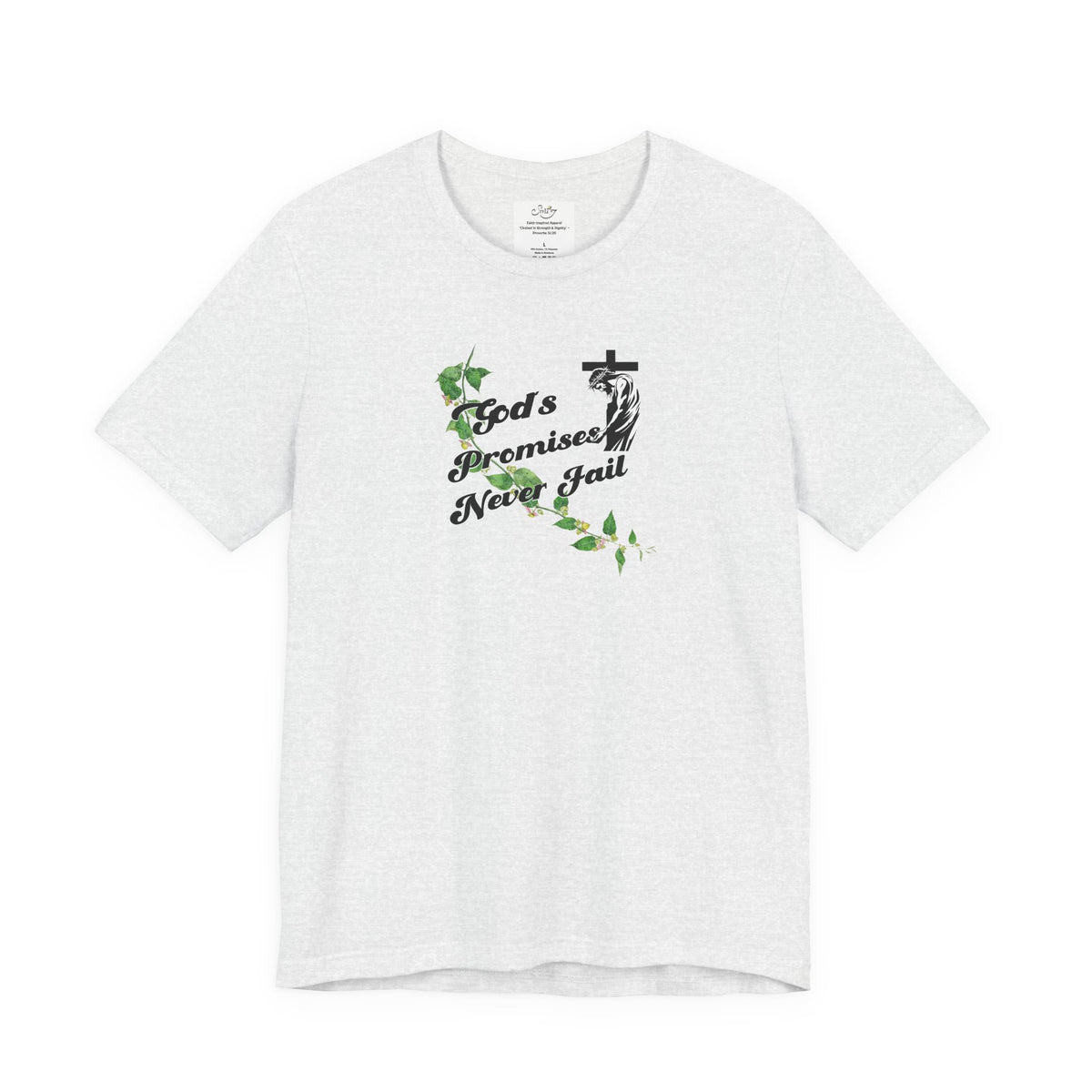 Faith T-Shirt — "God's Promises Never Fail" Christian Tee with Cross & Olive Branch Design