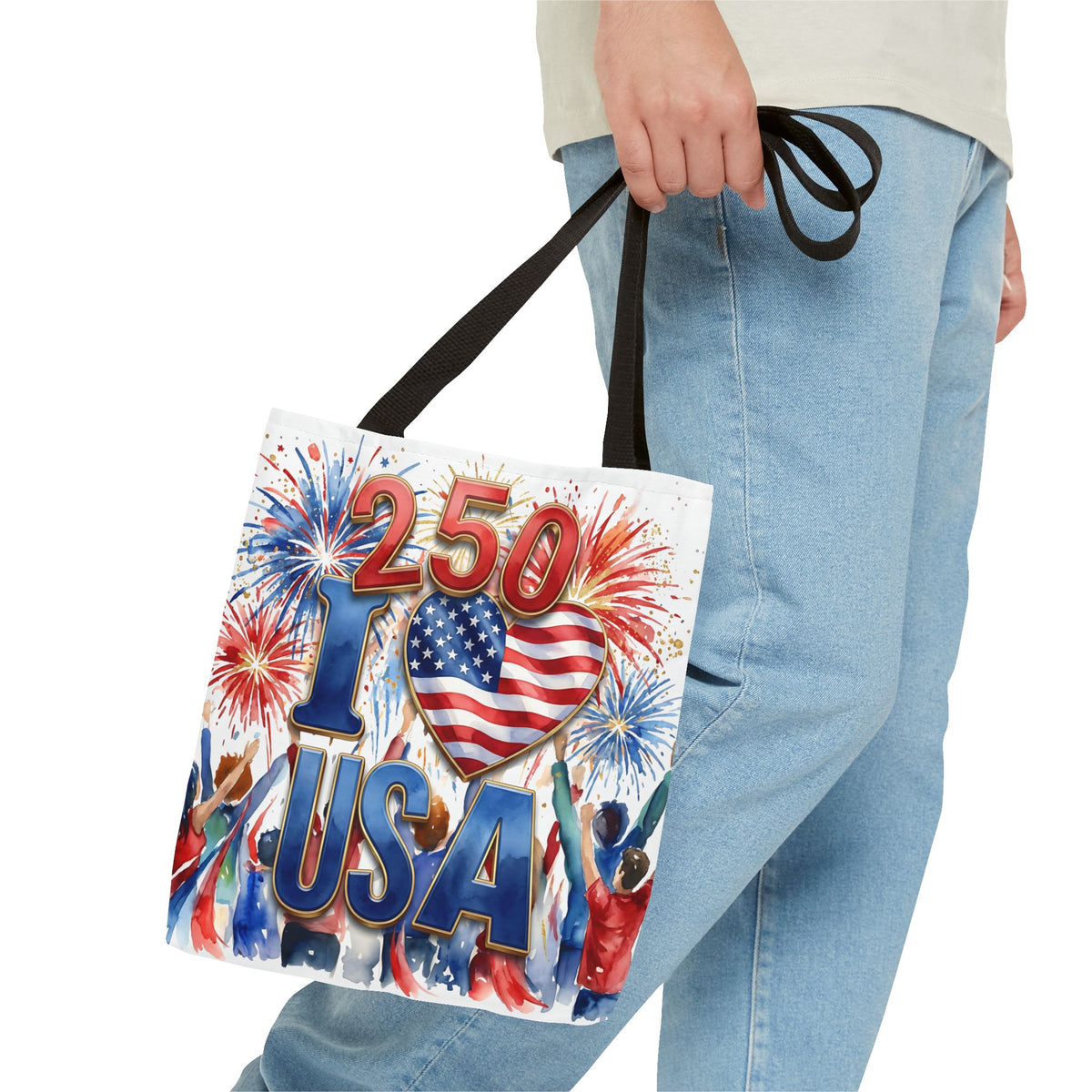 USA 250 Celebration Tote Bag — I Love USA Fireworks Patriotic Shopper