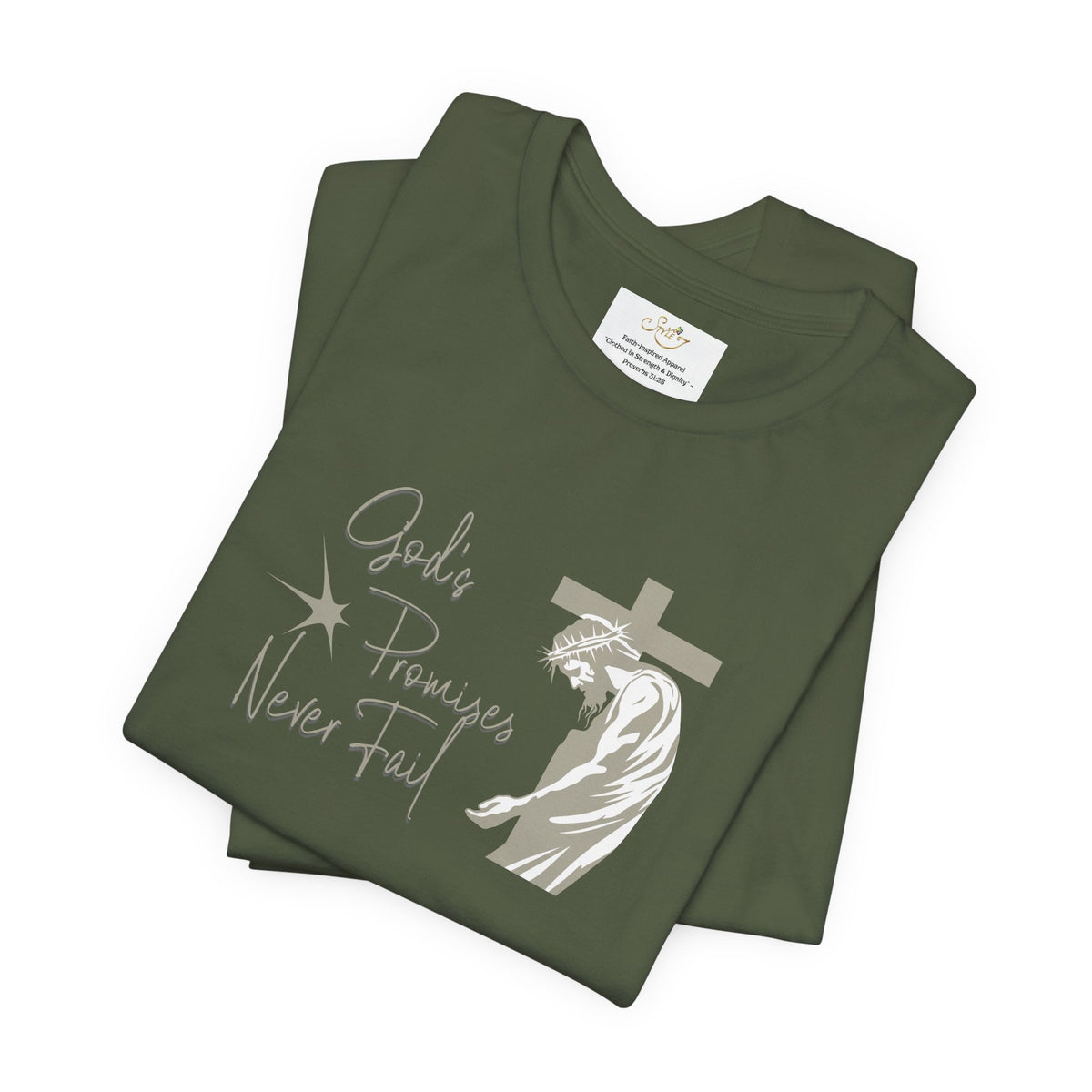 Faith T-Shirt — "God's Promises Never Fail" Christian Tee with Cross & Olive Branch Design