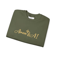 Christian AI Crewneck Sweatshirt - "Amen & AI" Gold Script, "Powered by Prayer, Driven by Data"