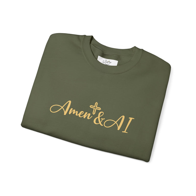 Christian AI Crewneck Sweatshirt - "Amen & AI" Gold Script, "Powered by Prayer, Driven by Data"