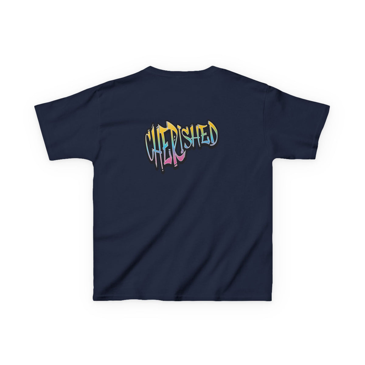 Kids 'Child of Light' Graphic Tee — Colorful Hand-Lettered 'Cherished' Back Design