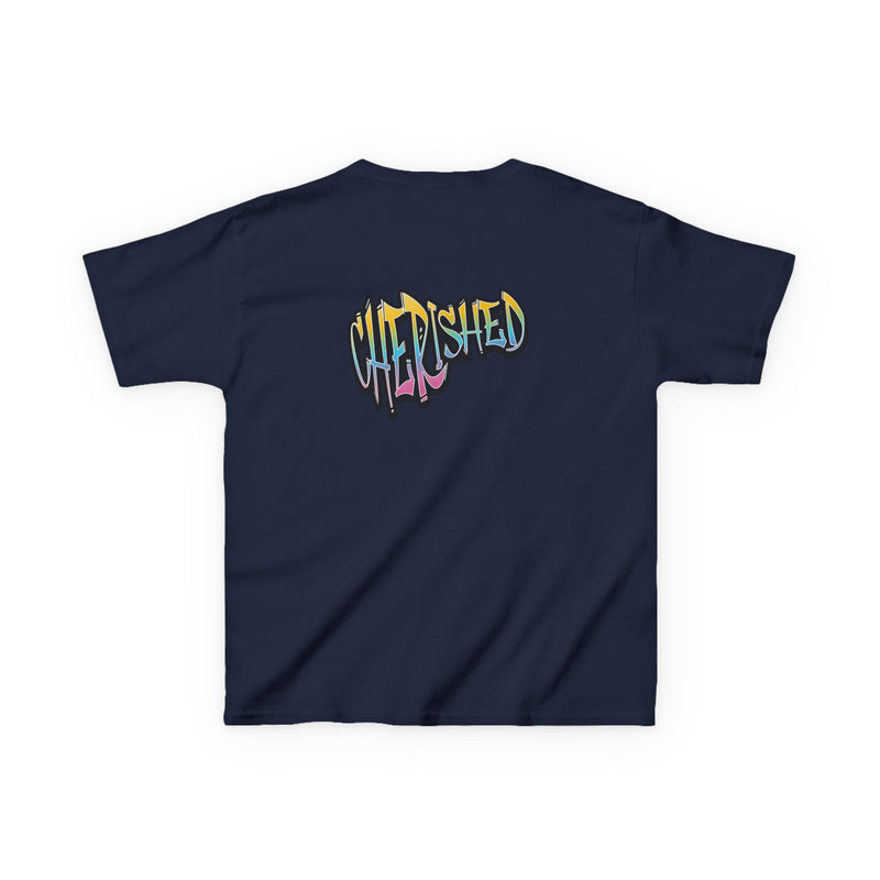 Kids 'Child of Light' Graphic Tee — Colorful Hand-Lettered 'Cherished' Back Design