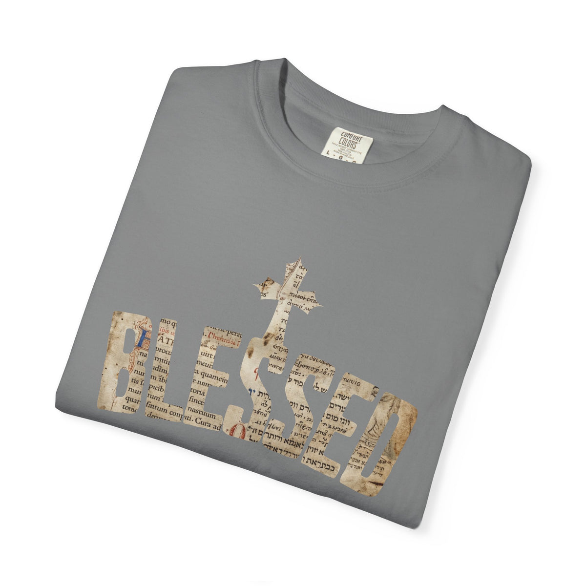 Blessed Cross T-Shirt — Christian Graphic Tee (Vintage Camouflage Lettering)