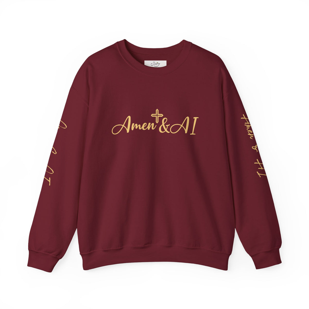 Christian AI Crewneck Sweatshirt - "Amen & AI" Gold Script, "Powered by Prayer, Driven by Data"