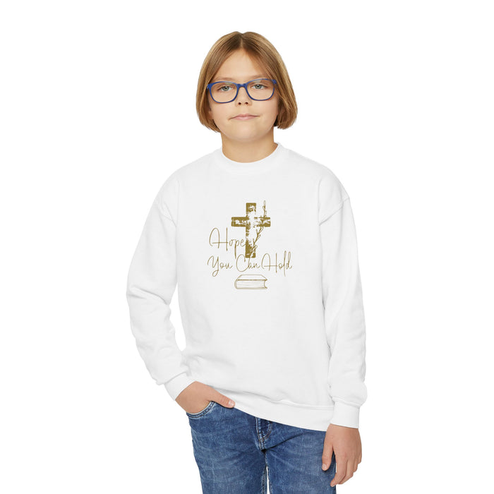 Youth Crewneck Sweatshirt - Gold Glitter Cross “Hope You Can Hold” Christian Tee