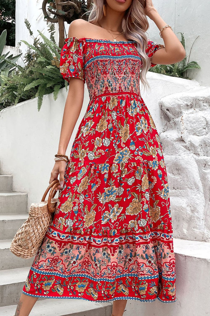 Perfee Floral Off-Shoulder Smocked Midi Dress