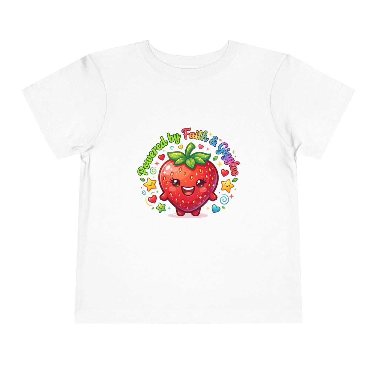 Toddler Tee — Cute Kawaii Strawberry "Powered by Faith & Giggles" Kids Shirt