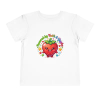 Toddler Tee — Cute Kawaii Strawberry "Powered by Faith & Giggles" Kids Shirt