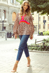 Leopard V-Neck Balloon Sleeve Blouse