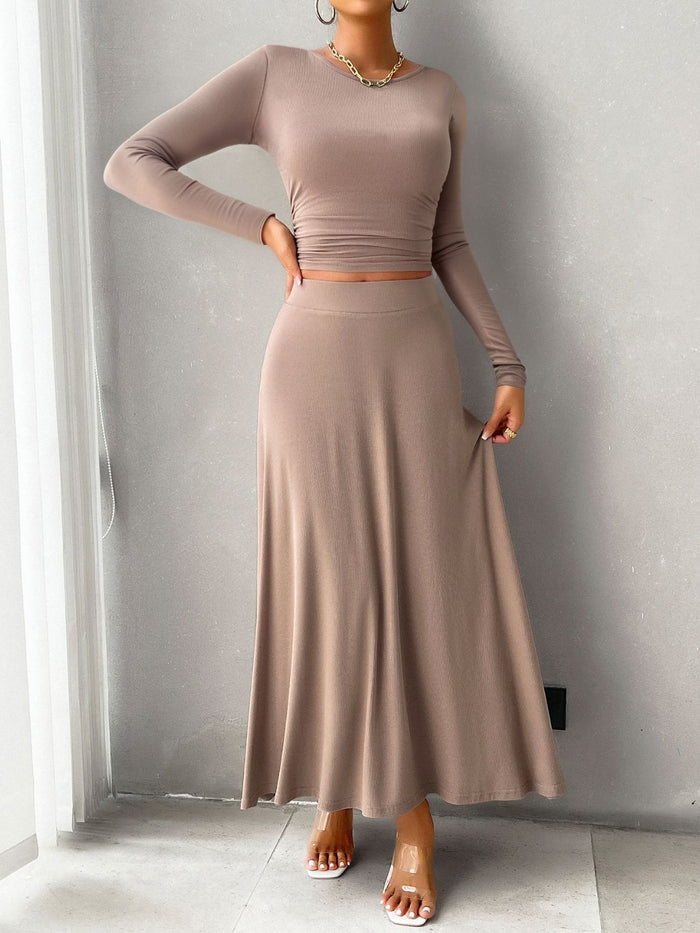 Devine Round Neck Long Sleeve Top and Skirt Set