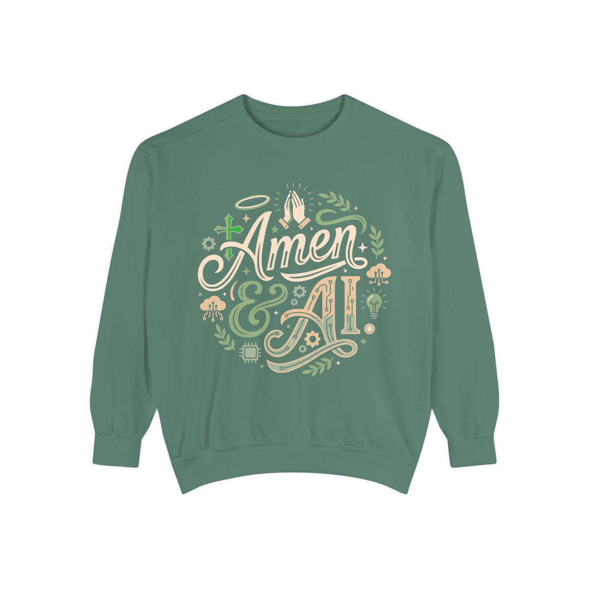 Amen & AI Sweatshirt — Faith-Inspired Crewneck with ‘Divine Data, Holy Purpose" Back Design
