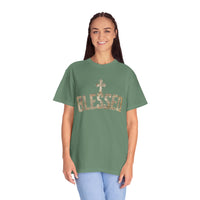 Blessed Cross T-Shirt — Christian Graphic Tee (Vintage Camouflage Lettering)