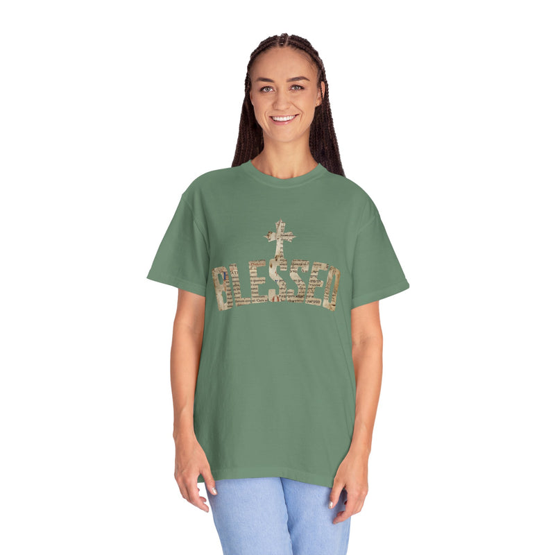 Blessed Cross T-Shirt — Christian Graphic Tee (Vintage Camouflage Lettering)