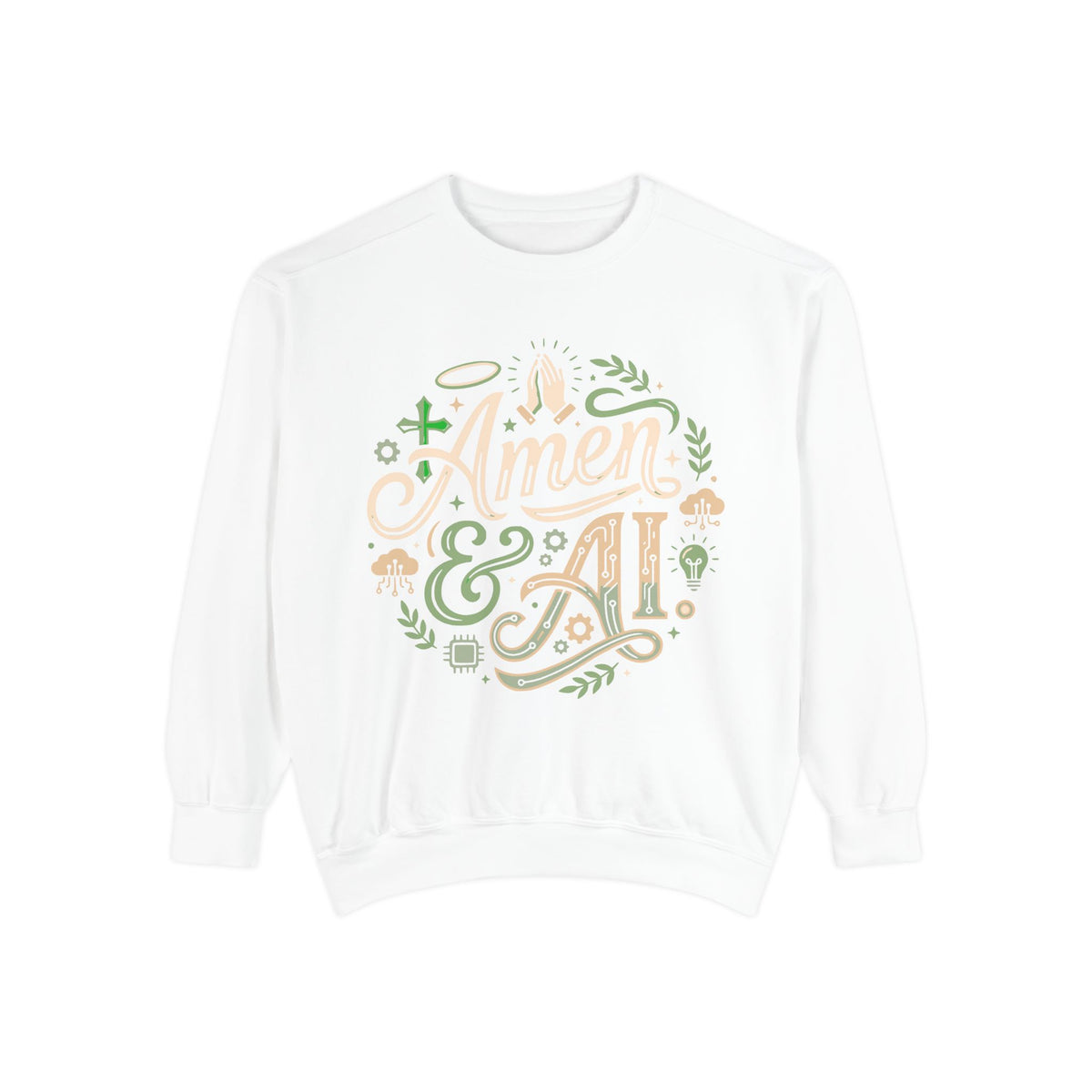 Amen & AI Sweatshirt — Faith-Inspired Crewneck with ‘Divine Data, Holy Purpose" Back Design