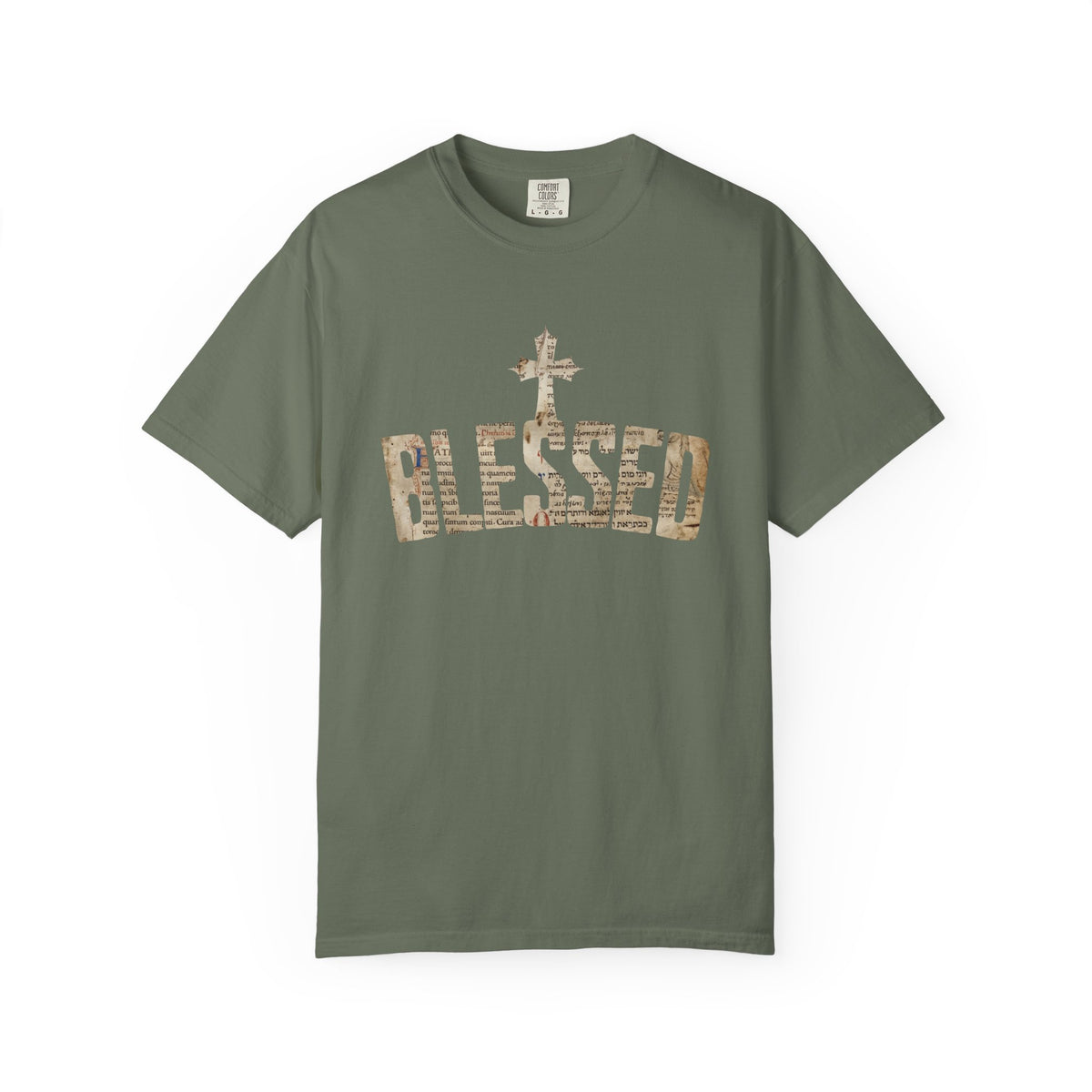 Blessed Cross T-Shirt — Christian Graphic Tee (Vintage Camouflage Lettering)