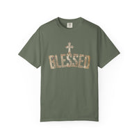 Blessed Cross T-Shirt — Christian Graphic Tee (Vintage Camouflage Lettering)