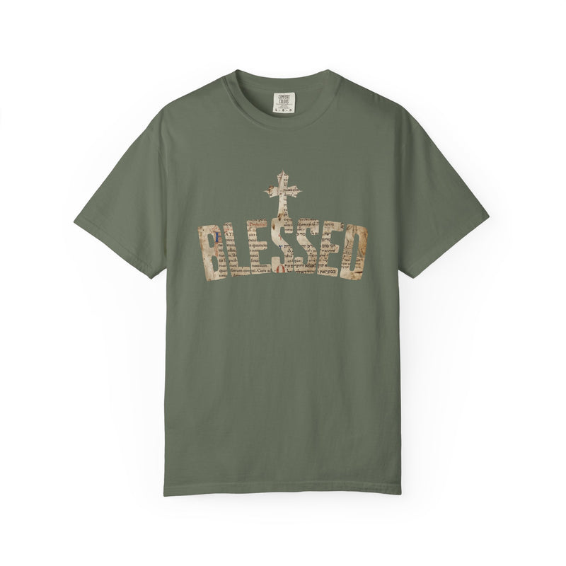 Blessed Cross T-Shirt — Christian Graphic Tee (Vintage Camouflage Lettering)