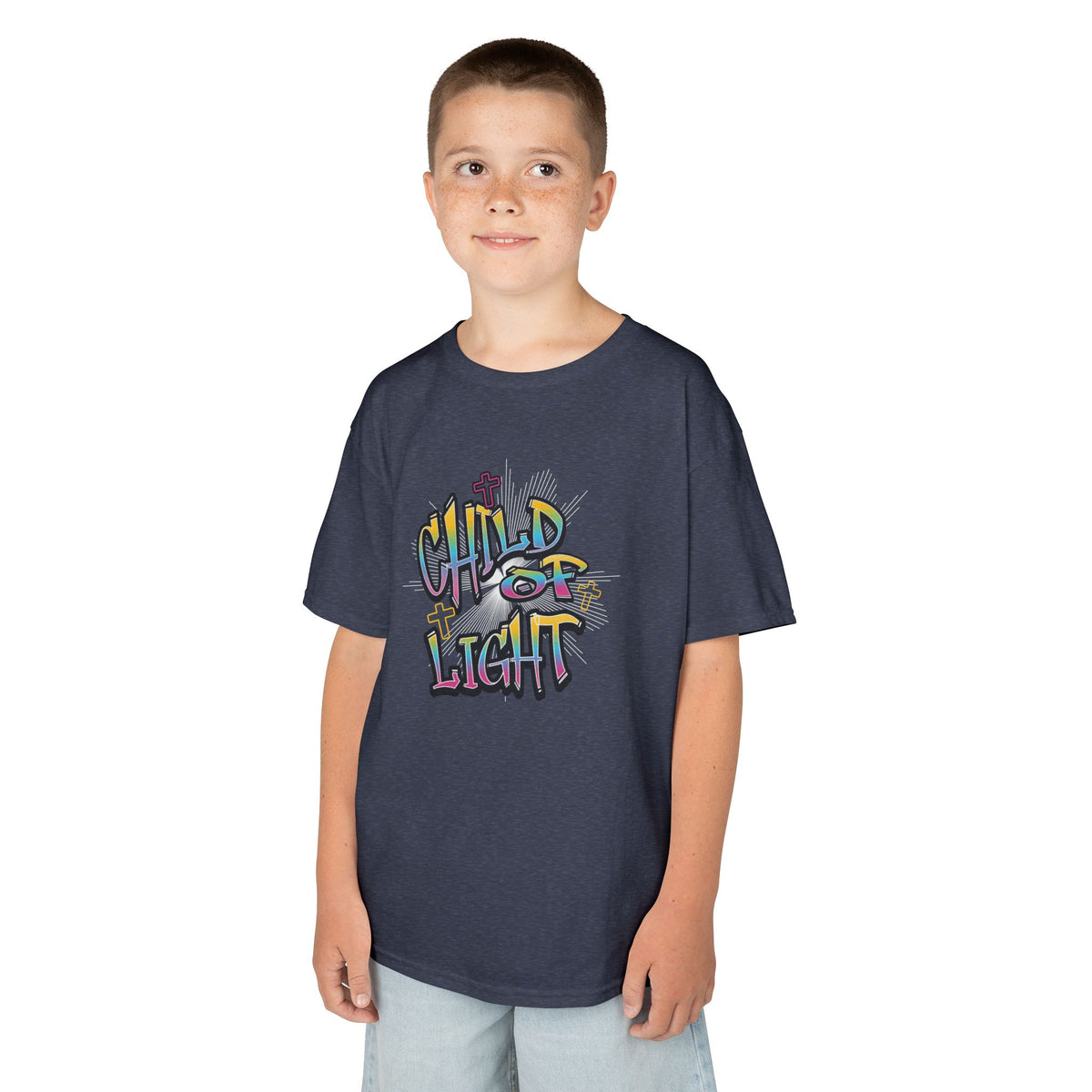 Kids 'Child of Light' Graphic Tee — Colorful Hand-Lettered 'Cherished' Back Design
