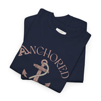 Anchored Faith T-Shirt — "Anchored" Calligraphy with Faith, Hope & Grace