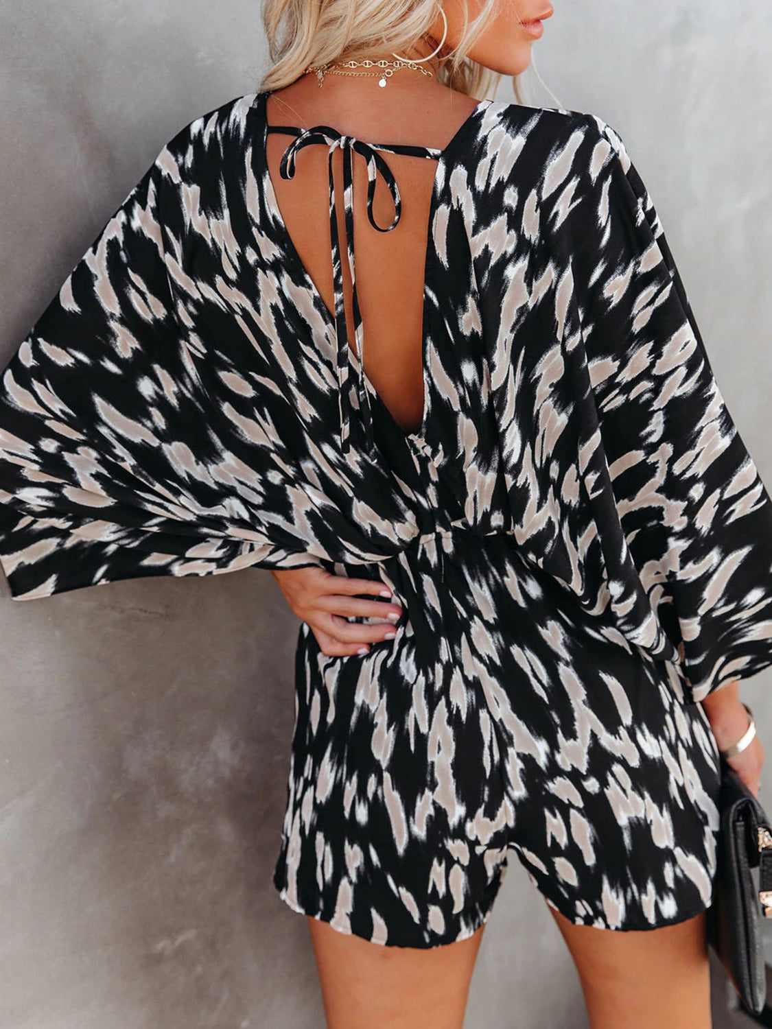 Tied Printed Kimono Sleeve Romper