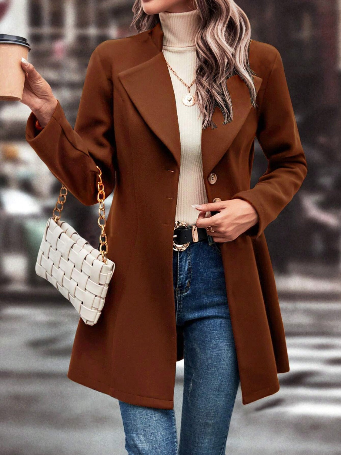 Collared Neck Long Sleeve Longline Coat