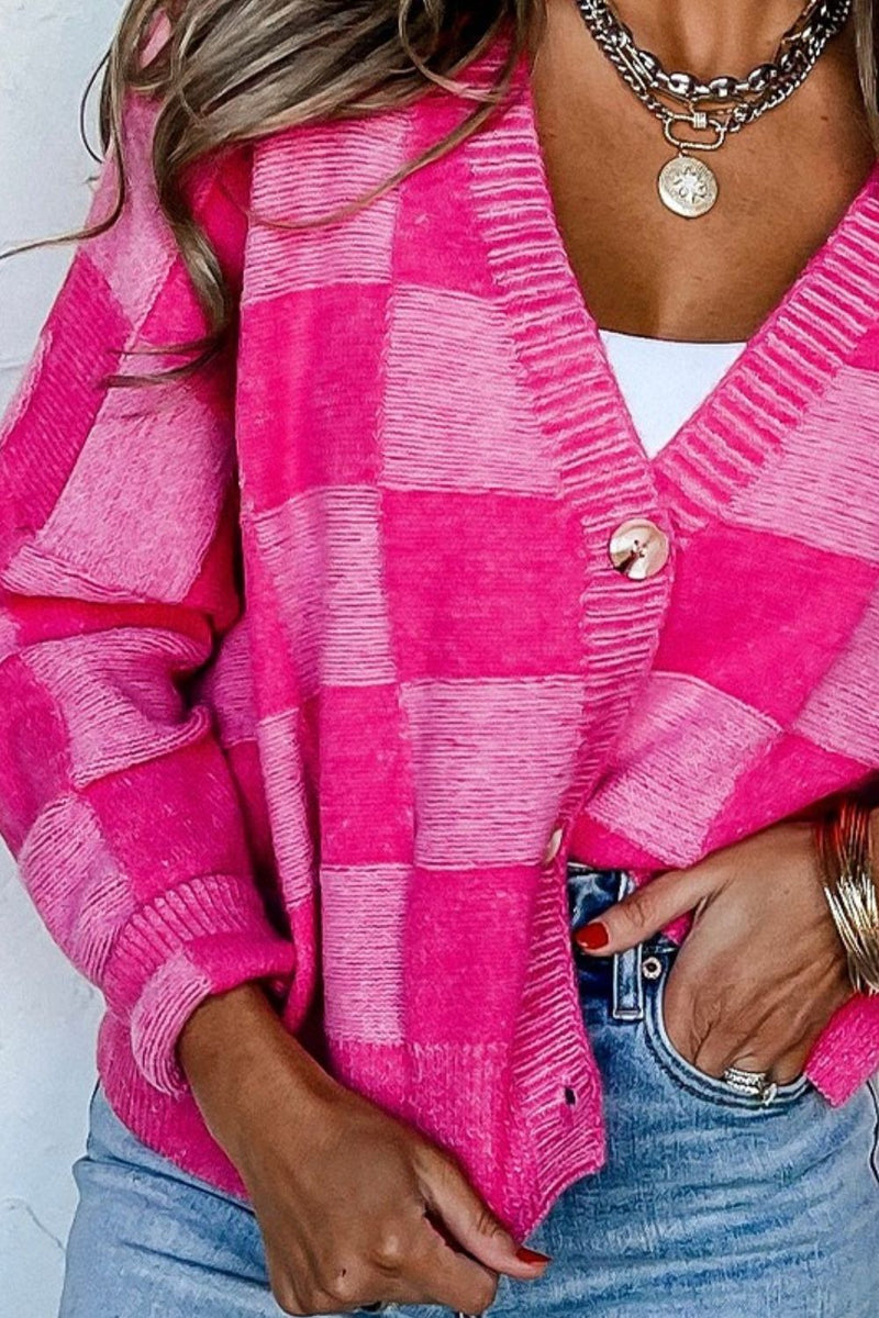 Checkered Button Up Long Sleeve Cardigan