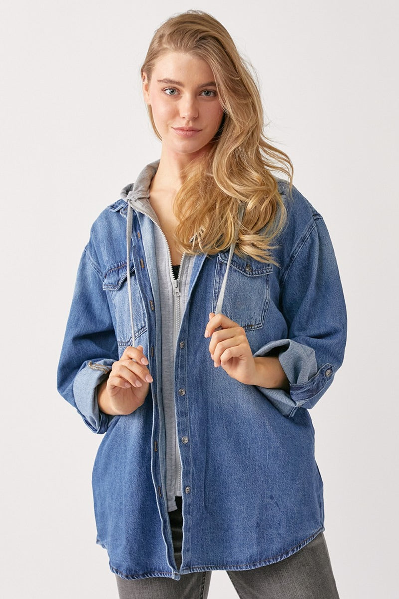 RISEN Zip Up Hooded Denim Shirt